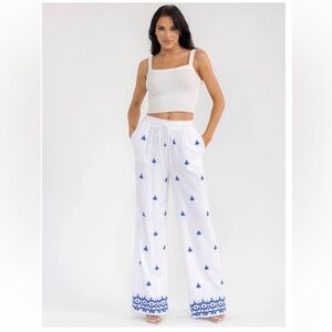 Bohemian Wide Leg Embroidered Linen Pants